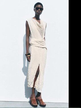 Zara Women Cream Wrinkled Midi Dress Size M NWT
